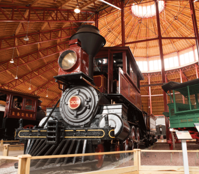 A black train from below at The B and O Museum in Baltimore.