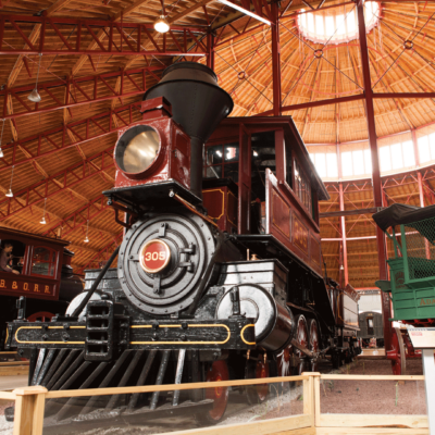 A black train from below at The B and O Museum in Baltimore.