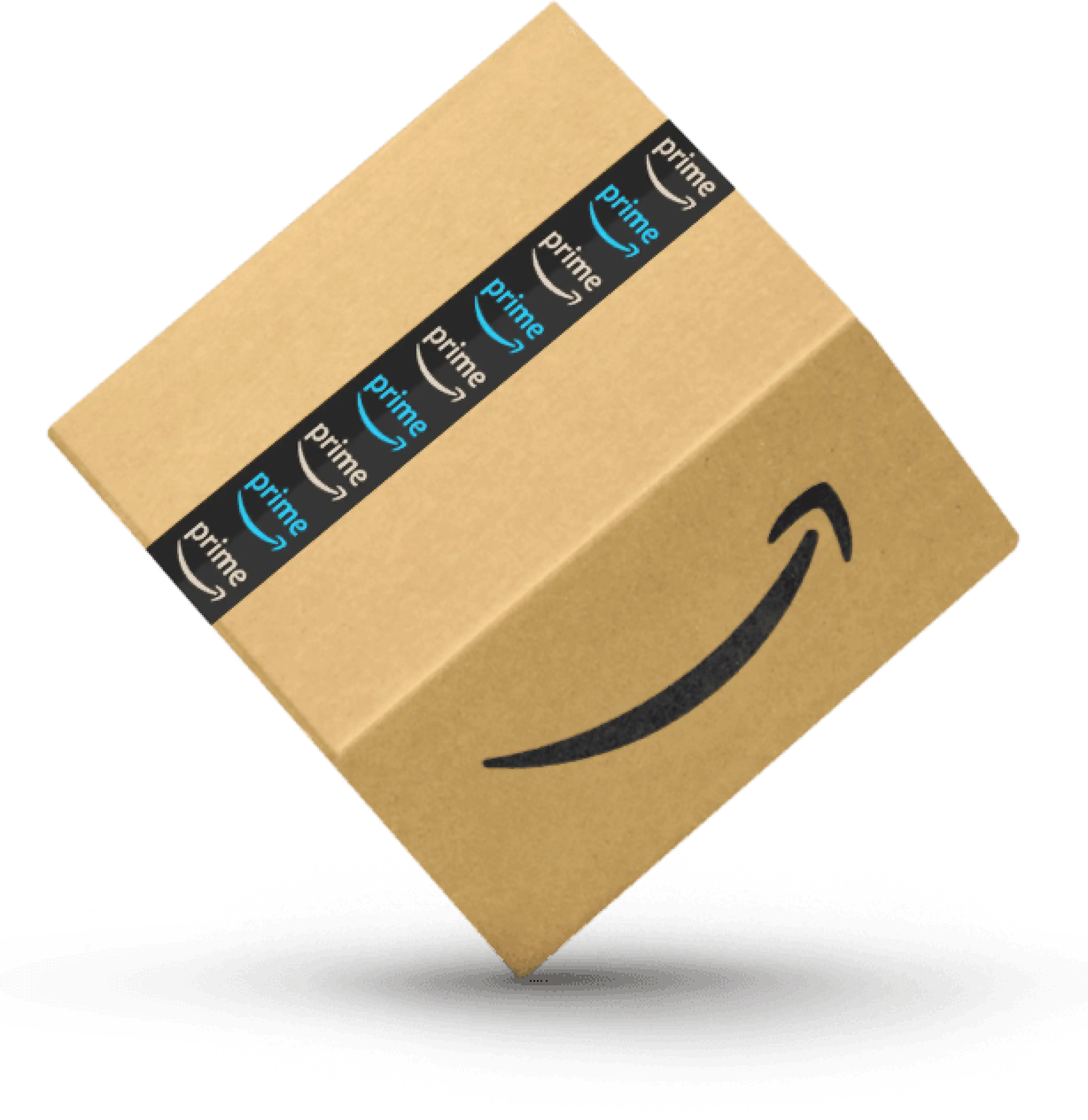 Amazon box balancing on its corner with the Amazon logo displayed