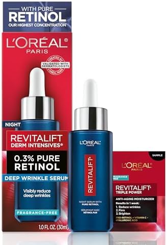 L'Oreal Paris Revitalift 0.3% Pure Retinol Night Serum, Reduce Deep Wrinkles, Fragrance Free 1 oz + Moisturizer Sample