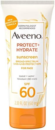 Aveeno Protect + Hydrate Sunscreen Moisturizing Face Lotion with Broad Spectrum SPF 60 and Prebiotic Oat, Paraben, Phthalate, Oxybenzone and Oil Free Sunscreen for Sensitive Skin, 2.0 FL OZ