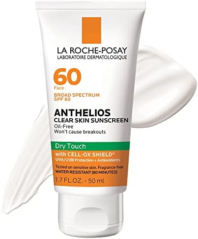 La Roche-Posay Anthelios Clear Skin Sunscreen Dry Touch SPF 60 | Oil Free Sunscreen For Face | Oil Absorbing | Broad Spectrum SPF + Antioxidants | Non-Greasy | Oxybenzone Free | Travel Size Sunscreen