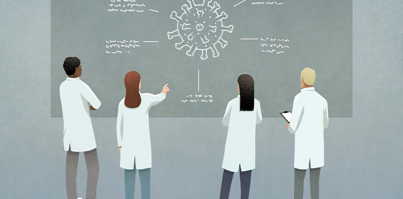 An illustration of four doctors examining a molecule on a board.