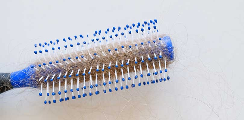 A blue brush with hair in it against a white background.