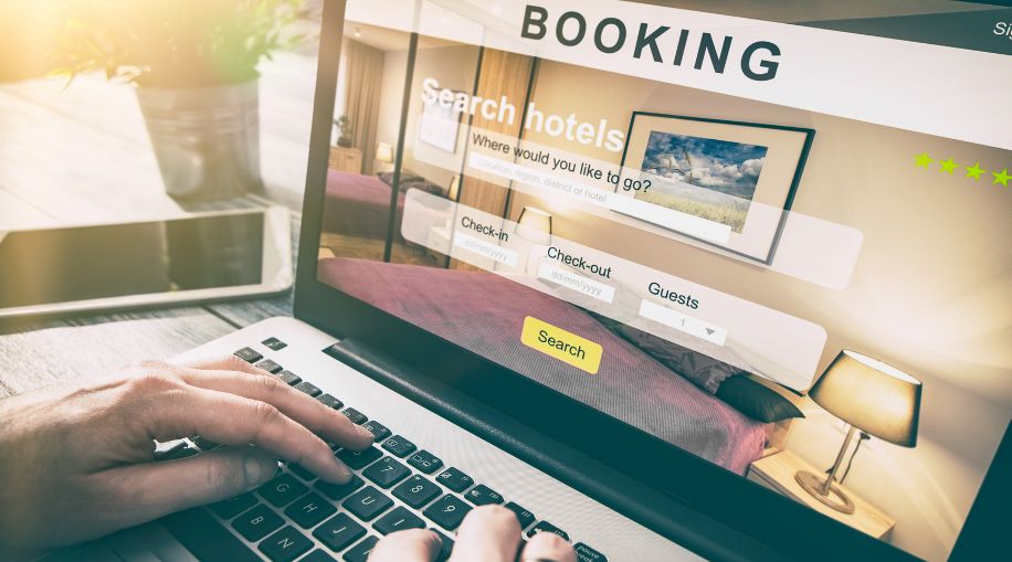 A picture of a laptop screen, showing an online hotel booking website.